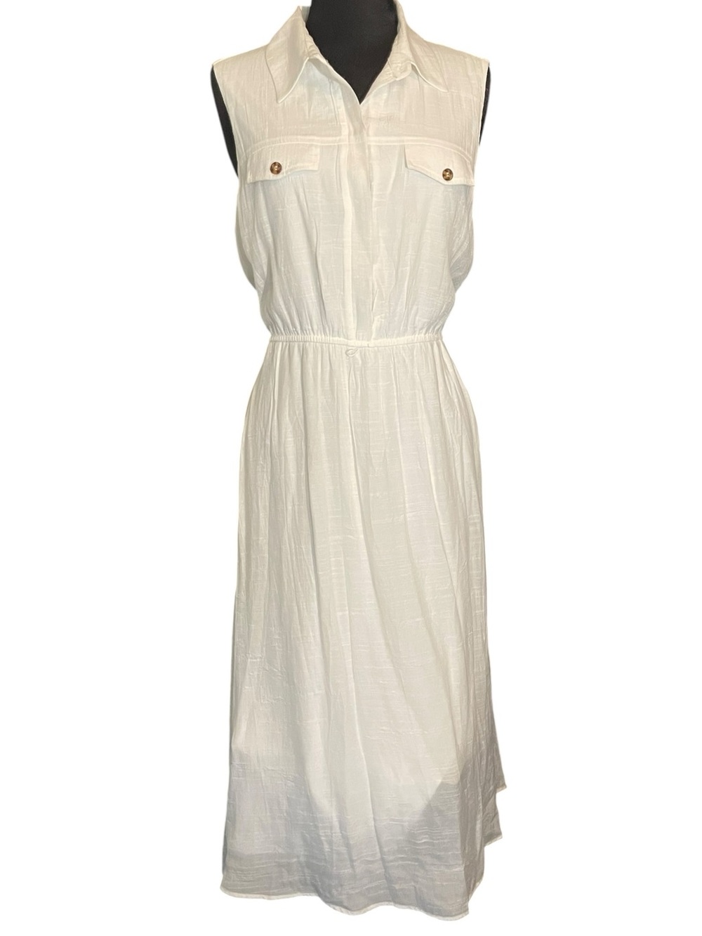 Luxology White Sleeveless High Neck Midi Shirt Dress w/ Pockets Women’s Size L